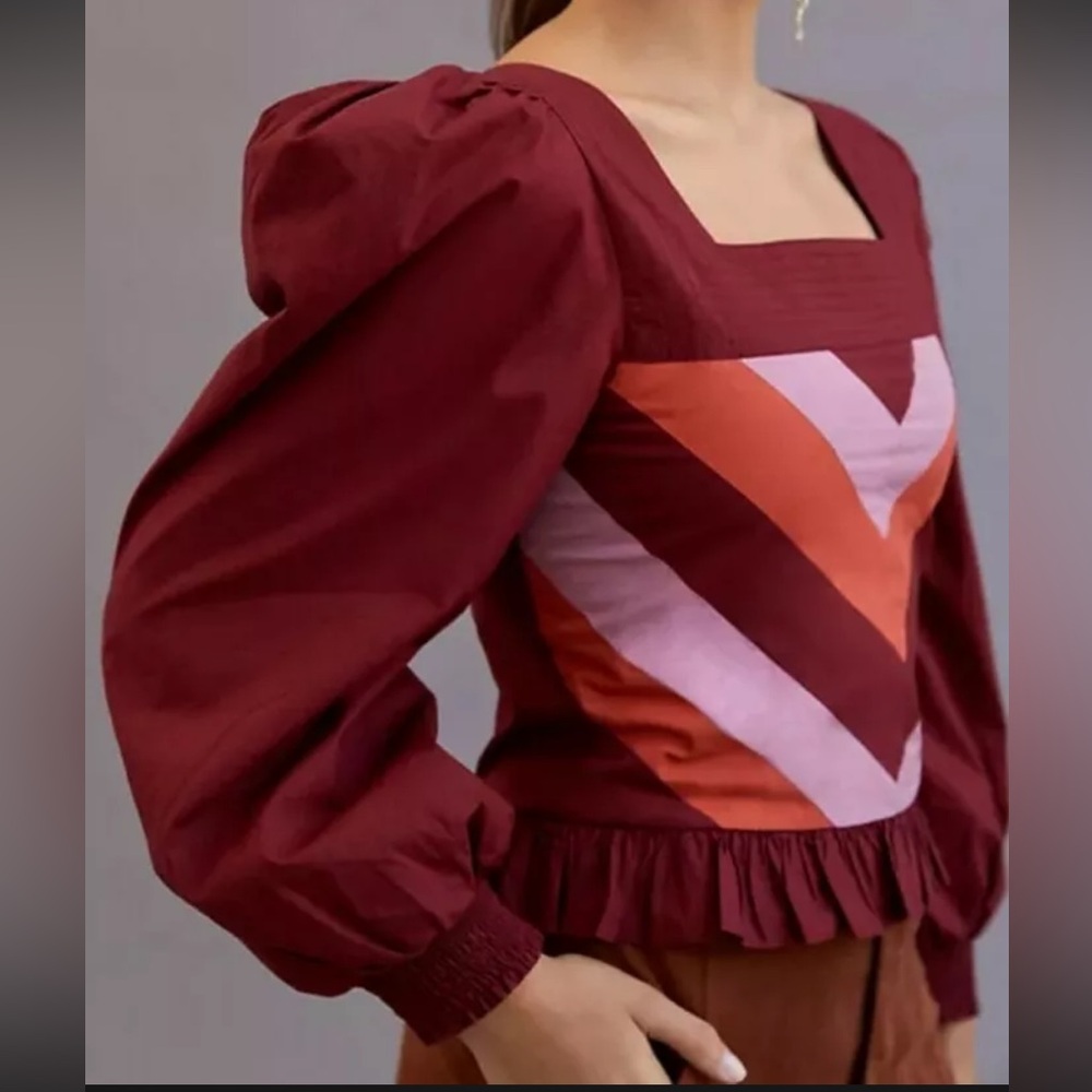 NWT LOVE THE LABEL ANTHRPOLOGIE Chevron Red Pink Smocked Puff Sleeve Blouse Sm